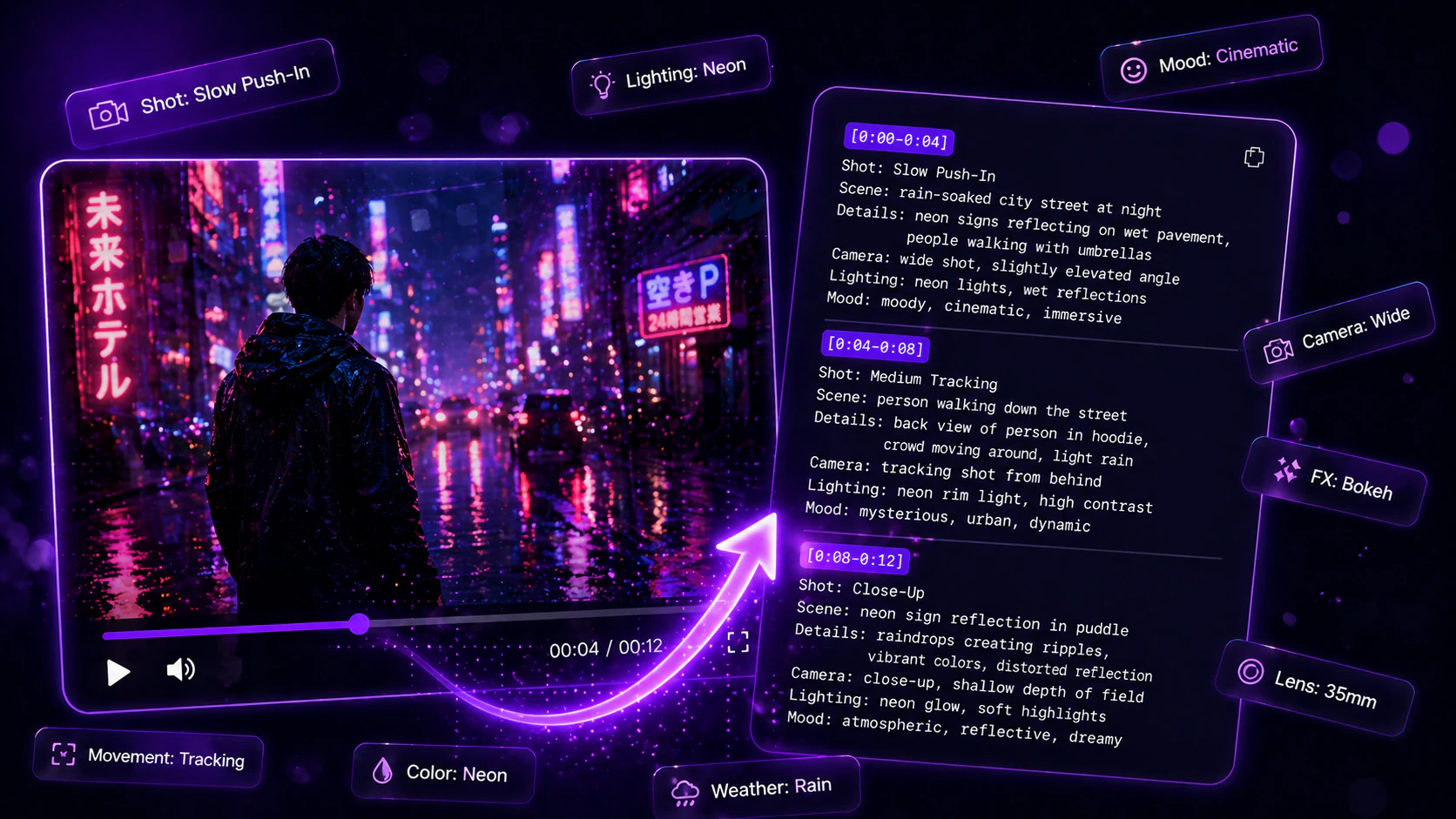 Video to Prompt AI content creation preview with cinematic video analysis and prompt extraction