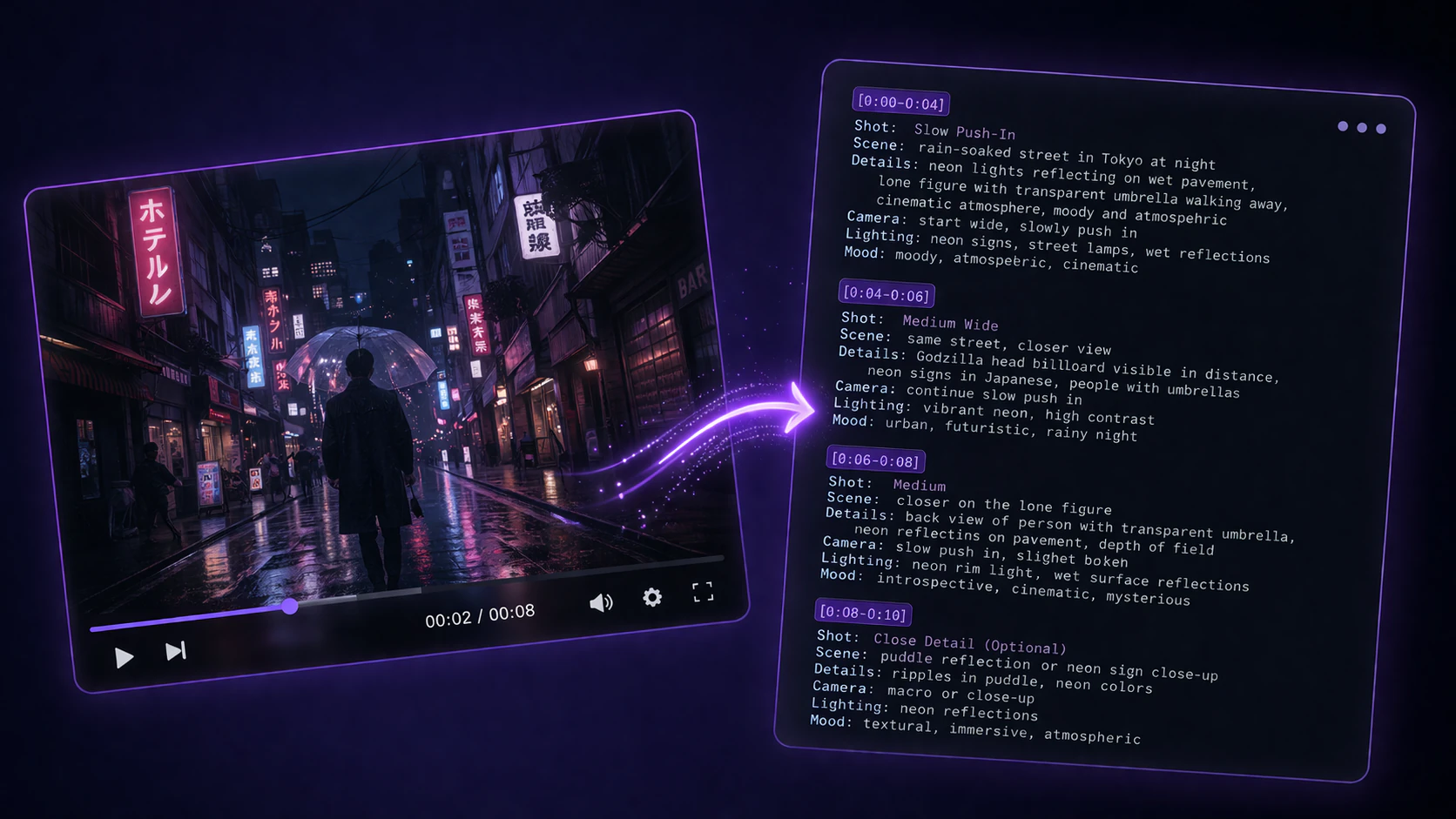 Video to Prompt generator extracting a cinematic neon city prompt from video